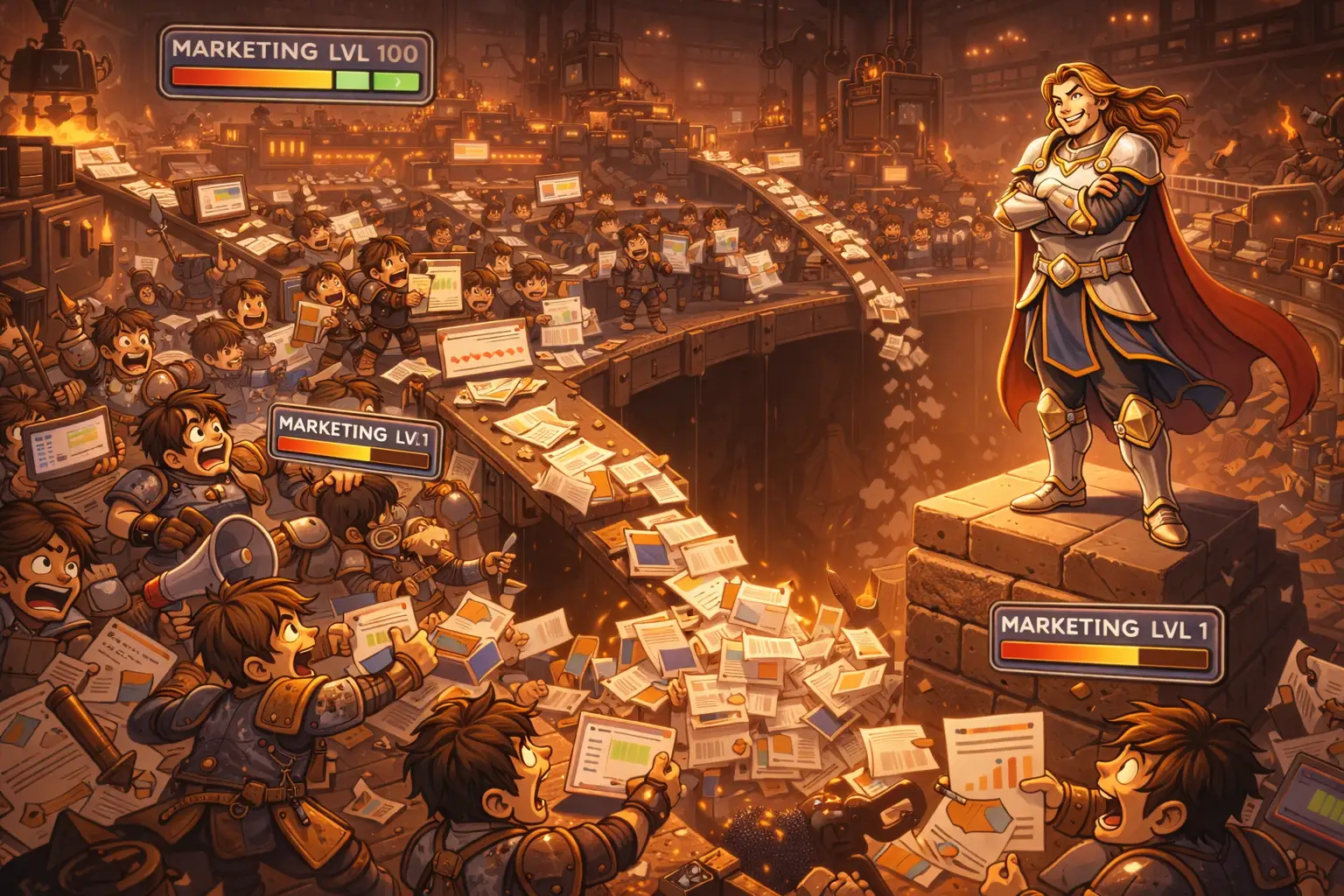 Editorial illustration of one marketer breaking through a crowded field of competing signals to win scarce attention.