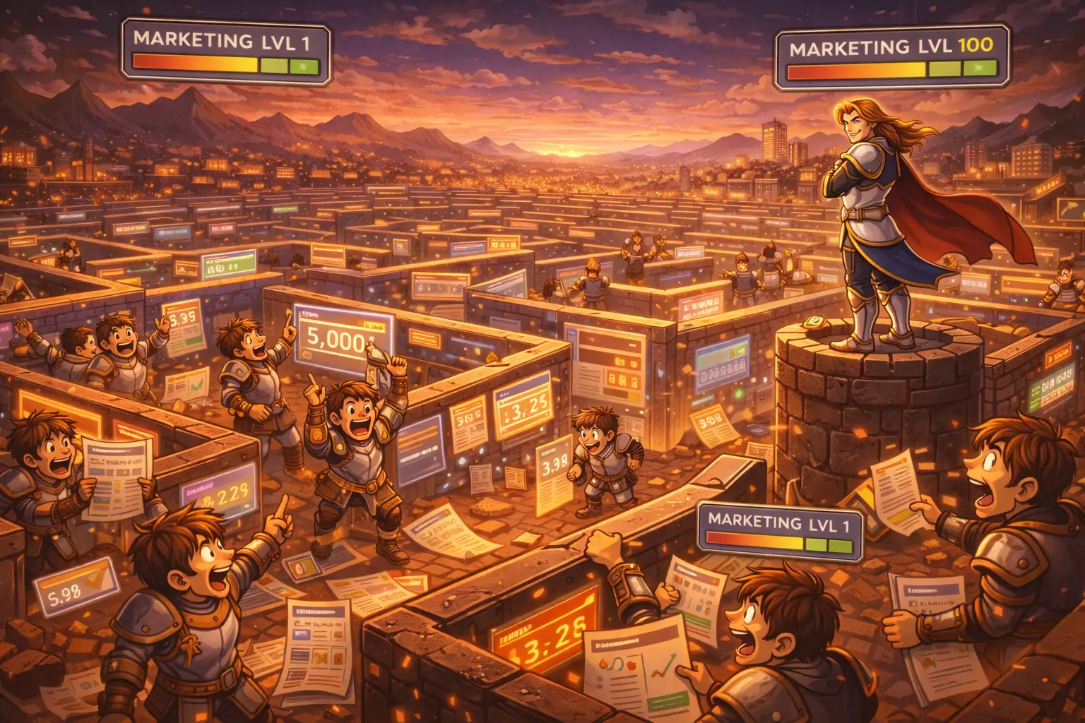 Editorial illustration of marketers trapped in a maze of reports, calendars, and campaigns while the market moves elsewhere.