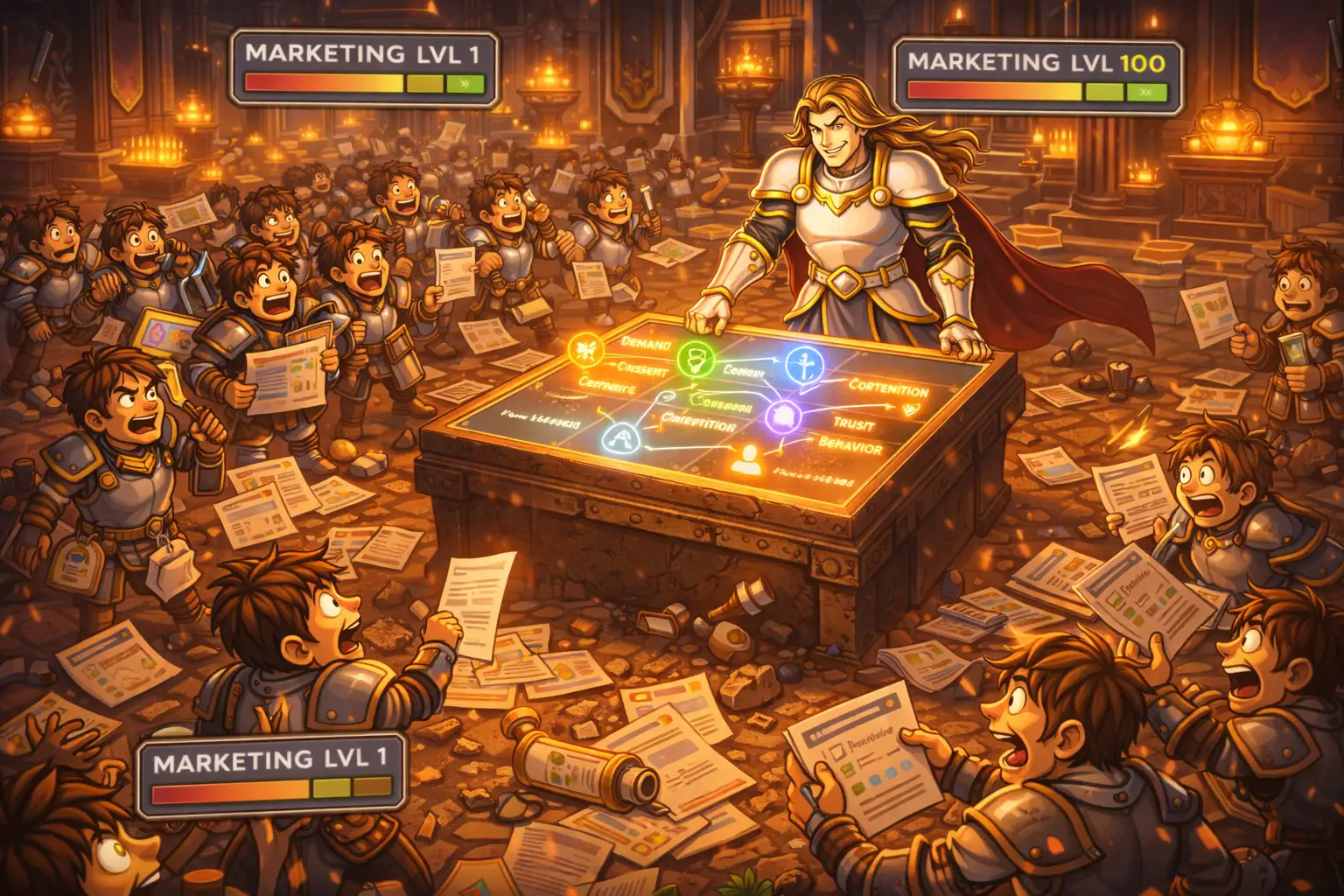 Editorial illustration showing weaker marketers chasing measurable signals while a stronger operator reads the broader market.