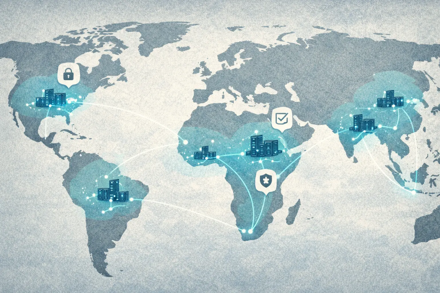 Illustration éditoriale d’une carte du monde mettant en évidence les zones de juridiction, les exigences de cloud souverain et les routes régionales de déploiement de l’IA.