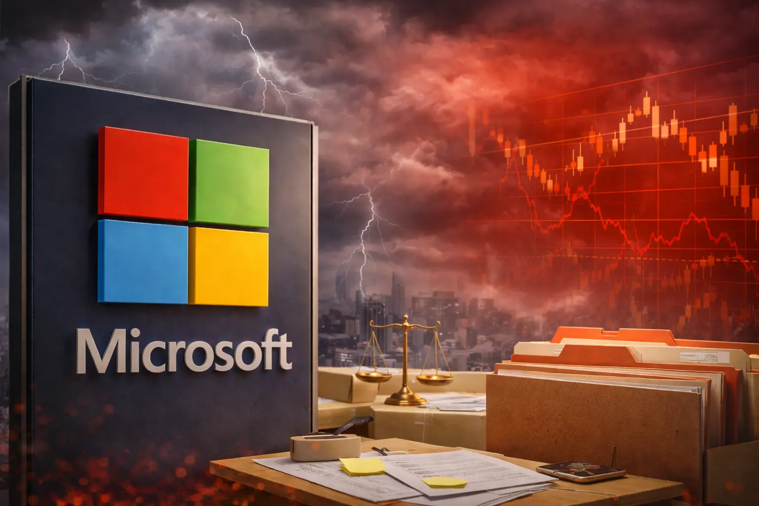 Editorial illustration showing Microsoft under pressure from multiple sides as customer backlash builds across gaming, enterprise, and developer ecosystems.