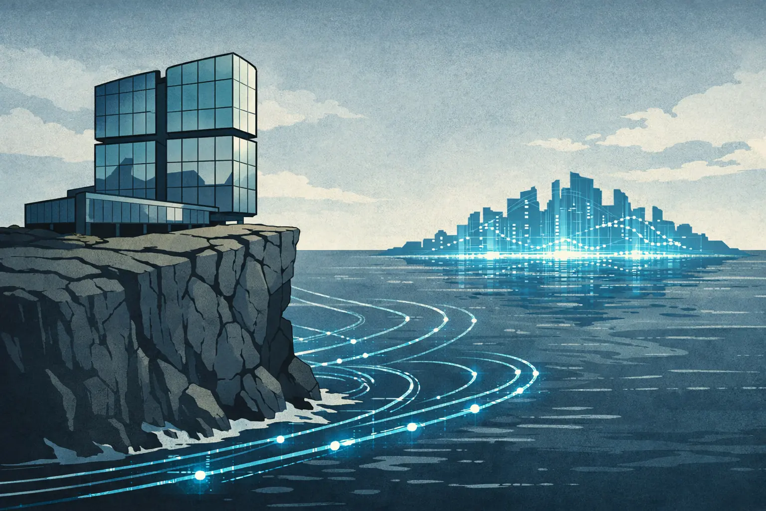 Illustration éditoriale du siège de Microsoft qui se fissure, tandis qu’un continent lumineux façon Azure émerge au-dessus d’un océan de données.