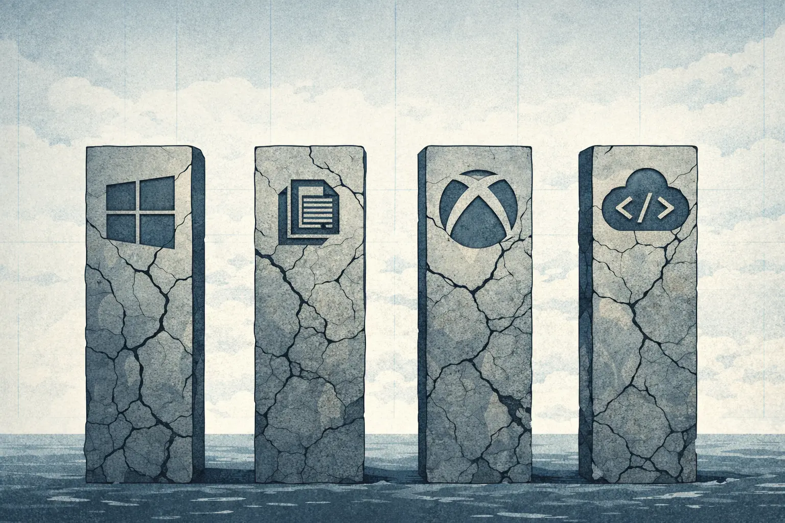 Illustration éditoriale représentant une structure d’entreprise verticale en cours de démantèlement pour symboliser la restructuration de Microsoft et le coût de la vitesse.