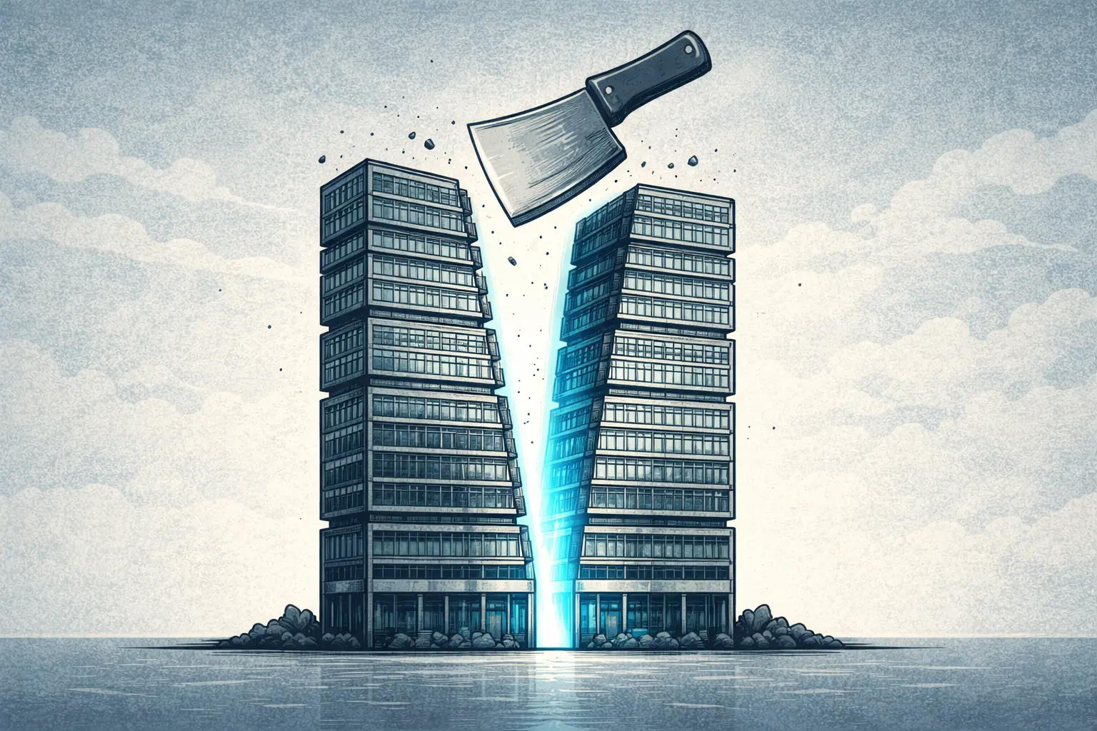 Illustration éditoriale montrant quatre piliers historiques de Microsoft se fissurer tandis que l’entreprise se recentre sur l’IA et le cloud.
