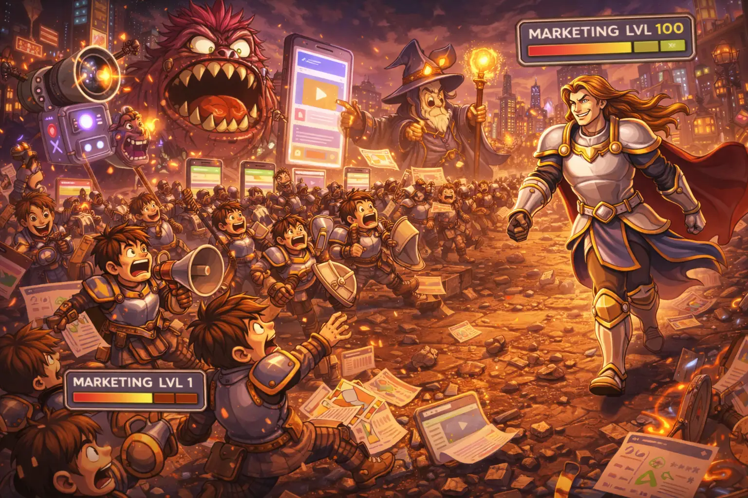 Editorial illustration showing the brutal competition for attention as marketing content battles entertainment, creators, feeds, and platform noise.